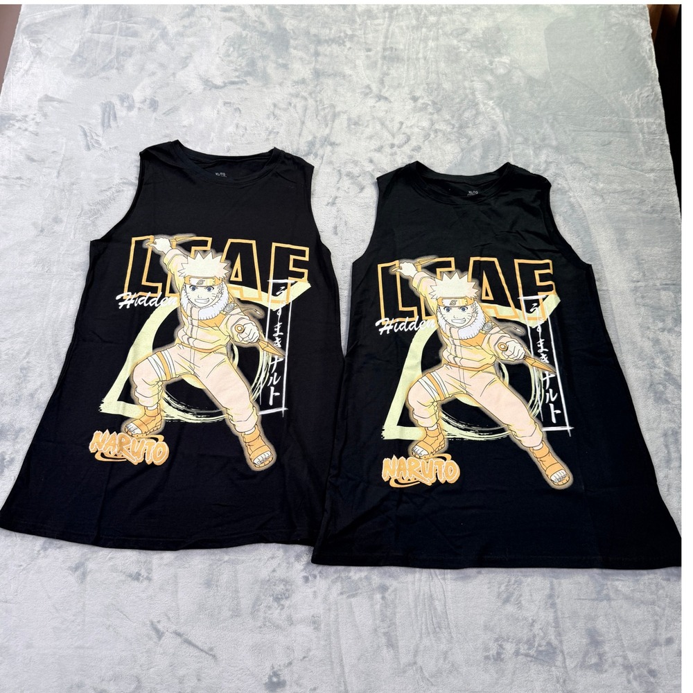 Naruto Shippuden Leaf Hidden Graphic Tank Top Mens XL Black Anime Shirt 2 Pack